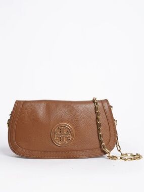 Tory Burch Amanda Logo Royal Tan Leather Crossbody Clutch Bag